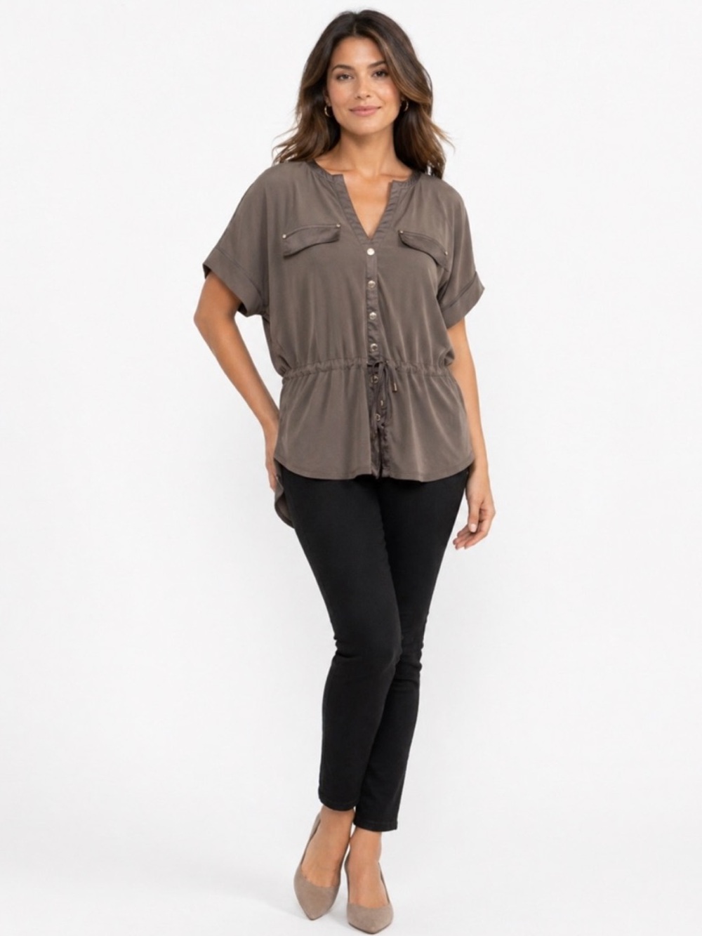 Short Sleeve Drawstring Utility Tunic Blouse - Taupe Brown Office Chic